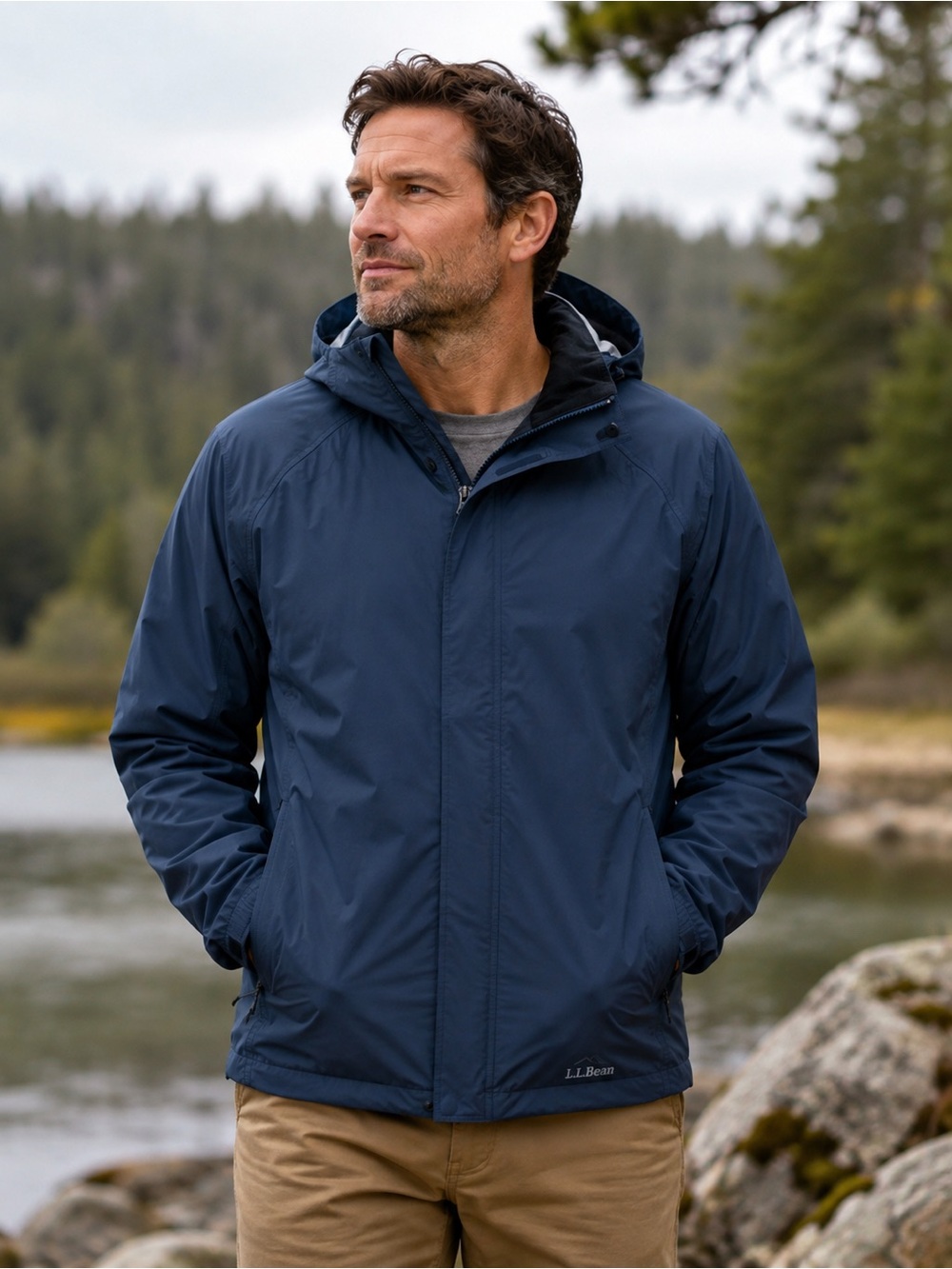 L.L.Bean Men’s Large Regular Navy Hooded Rain Jacket Waterproof Outdoor Y2K